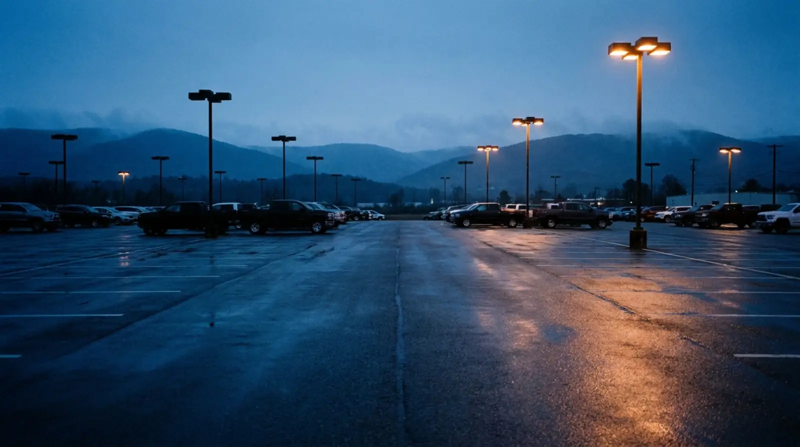 The Charlie Obaugh lot at blue hour with the Blue Ridge behind it