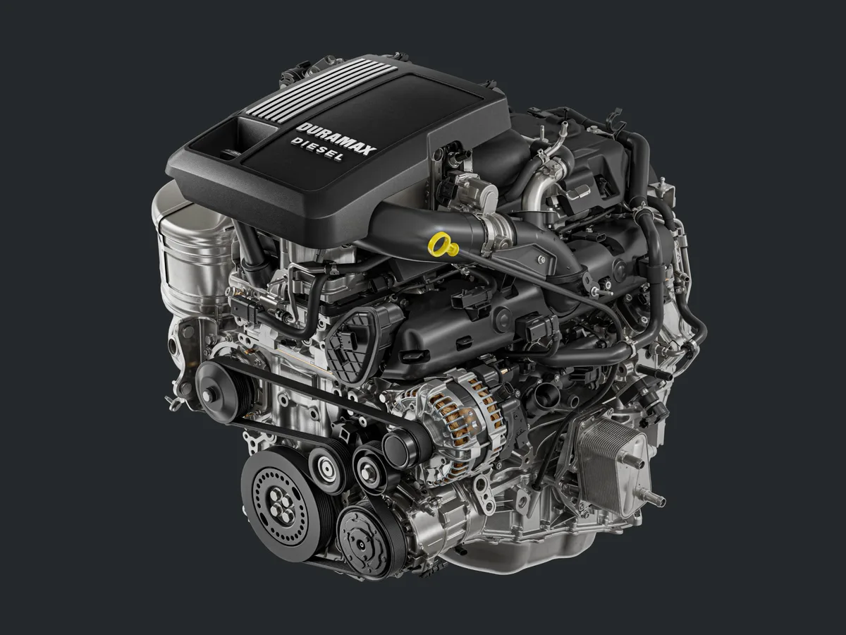 A Detailed View of the GMC Sierra 1500 Duramax Diesel Engine on a Dark Background