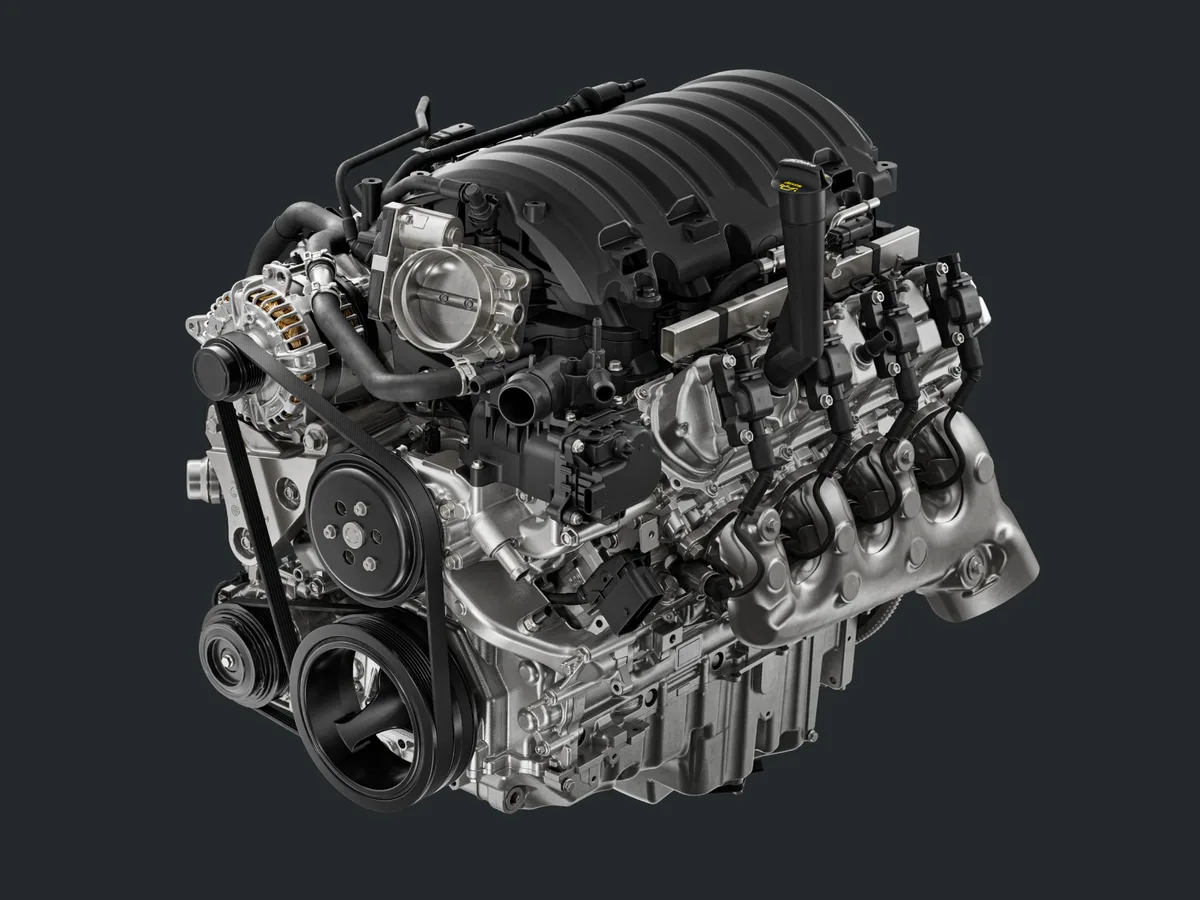 A Detailed View of the GMC Sierra 1500 Gasoline V8 Engine on a Dark Background