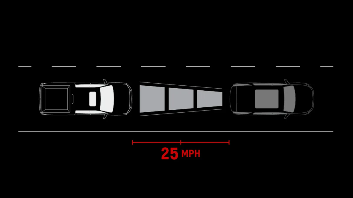 An Overhead View of a GMC Sierra 1500 Truck Following Another Car with a Highlighted 25 mph Safe Distance