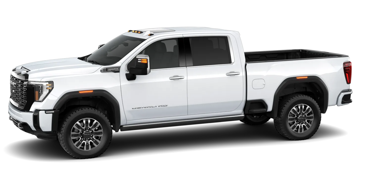 2026 GMC Sierra 3500HD Denali Ultimate in Glacier White Tricoat, GMC studio render, in stock at Charlie Obaugh in Staunton, Virginia