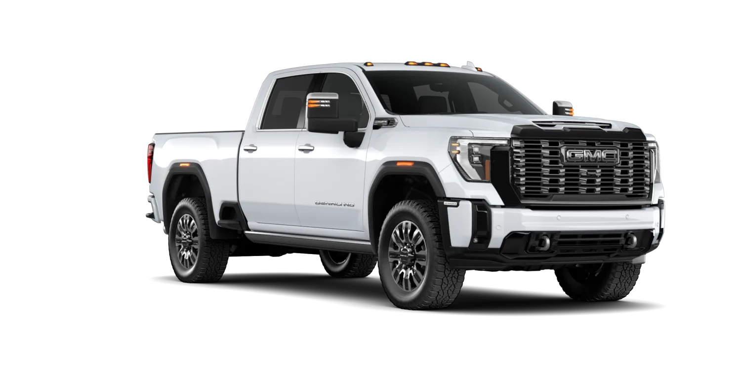 2026 GMC Sierra 3500HD Denali Ultimate in Glacier White Tricoat, GMC studio render, in stock at Charlie Obaugh in Staunton, Virginia