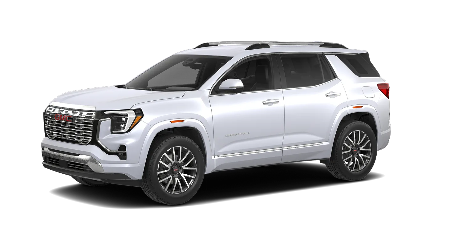 2027 GMC Terrain Denali in Glacier White Tricoat, GMC studio render, in stock at Charlie Obaugh in Staunton, Virginia
