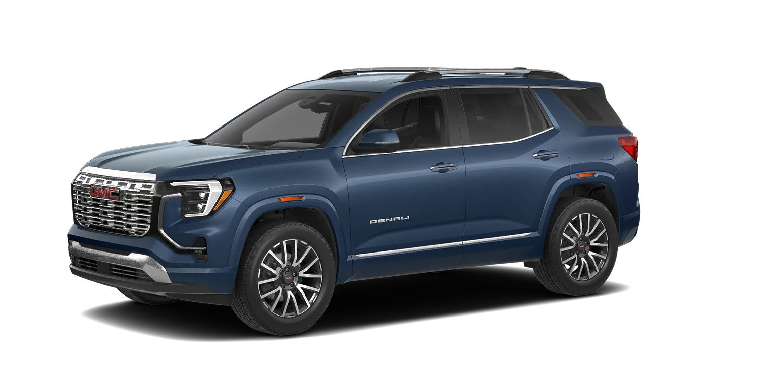 2027 GMC Terrain Denali in Downpour Metallic, GMC studio render, in stock at Charlie Obaugh in Staunton, Virginia