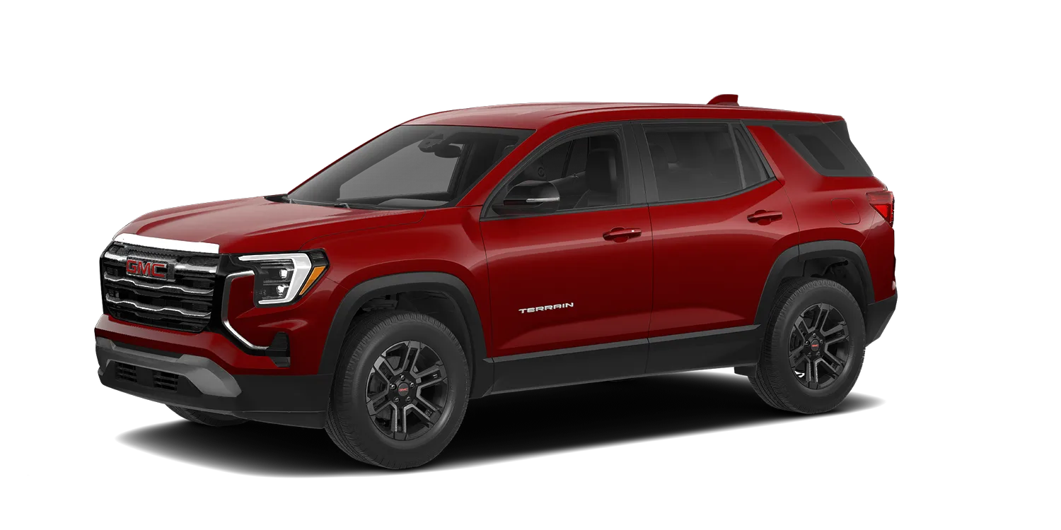 2027 GMC Terrain Elevation in Volcanic Red Tintcoat, GMC studio render, in stock at Charlie Obaugh in Staunton, Virginia