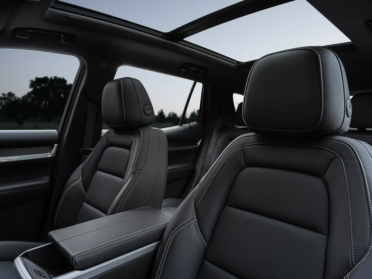 GMC Interior Featuring Dark Gray Leather Front Seats with White Stitching and a Panoramic Sunroof