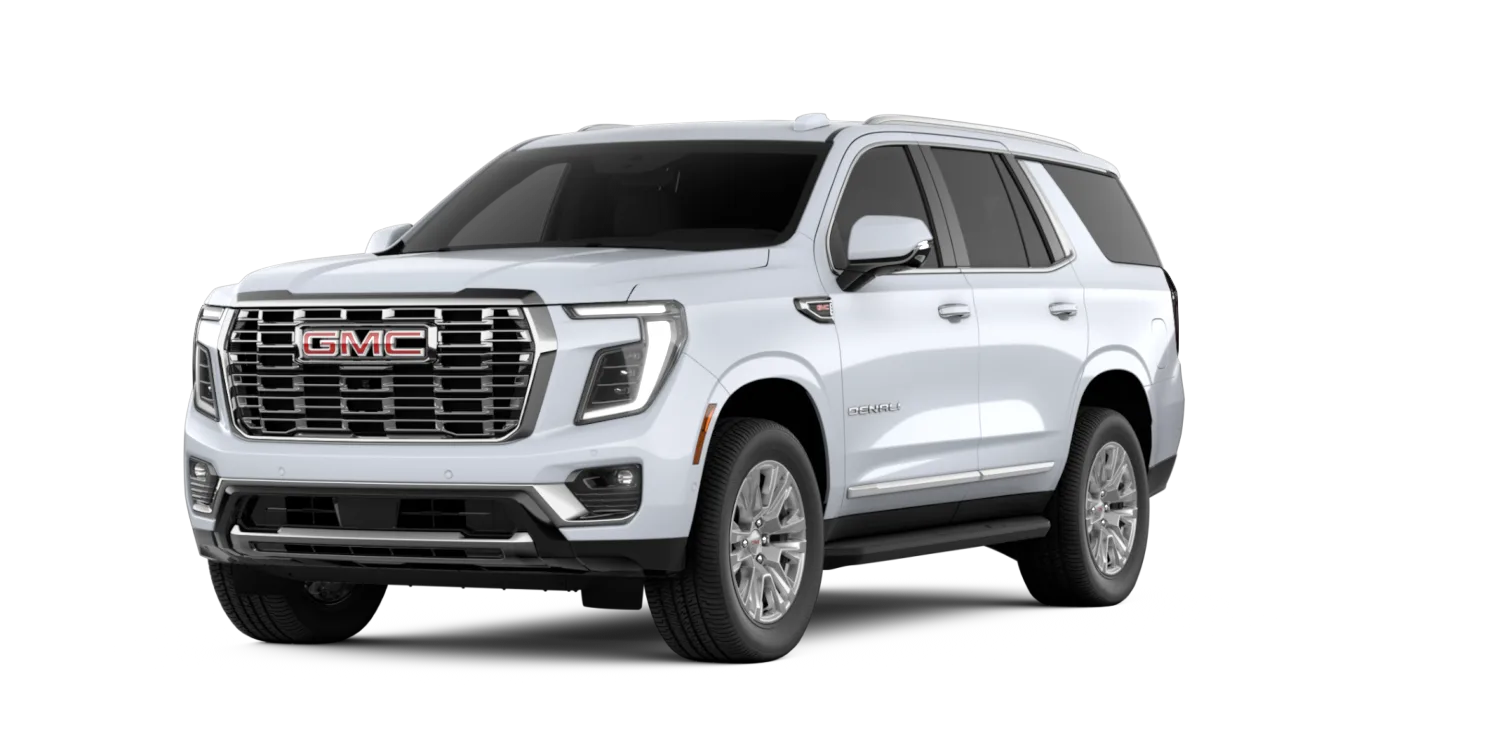 2027 GMC Yukon Denali in Glacier White Tricoat, GMC studio render, in stock at Charlie Obaugh in Staunton, Virginia
