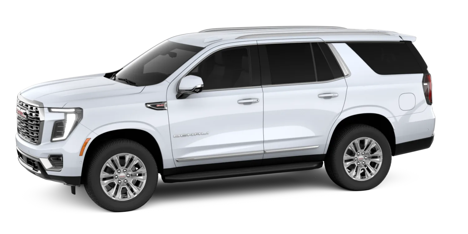 2027 GMC Yukon Denali in Glacier White Tricoat, GMC studio render, in stock at Charlie Obaugh in Staunton, Virginia